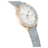 Matrix tennis chrono watch, Swiss Made, Leather strap, Grey, Champagne gold-tone finish by SWAROVSKI