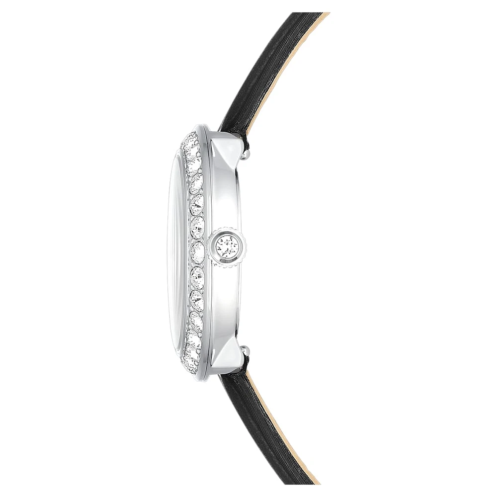 Matrix tennis watch, Swiss Made, Leather strap, Black, Stainless steel by SWAROVSKI