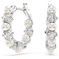 Matrix hoop earrings, Crystal pearl, Round cut, White, Rhodium plated by SWAROVSKI
