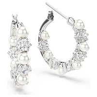 Matrix hoop earrings, Crystal pearl, Round cut, White, Rhodium plated by SWAROVSKI