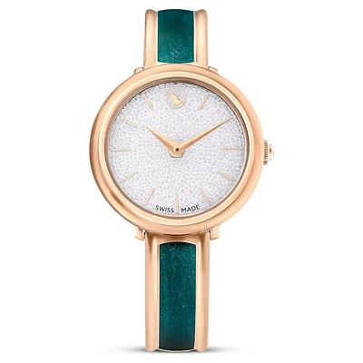 Crystalline bangle watch, Swiss Made, Metal bracelet, Green, Rose gold-tone finish by SWAROVSKI