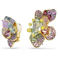 Idyllia clip earrings, Asymmetrical design, Mixed cuts, Pavé, Flower, Multicoloured, Gold-tone plated by SWAROVSKI
