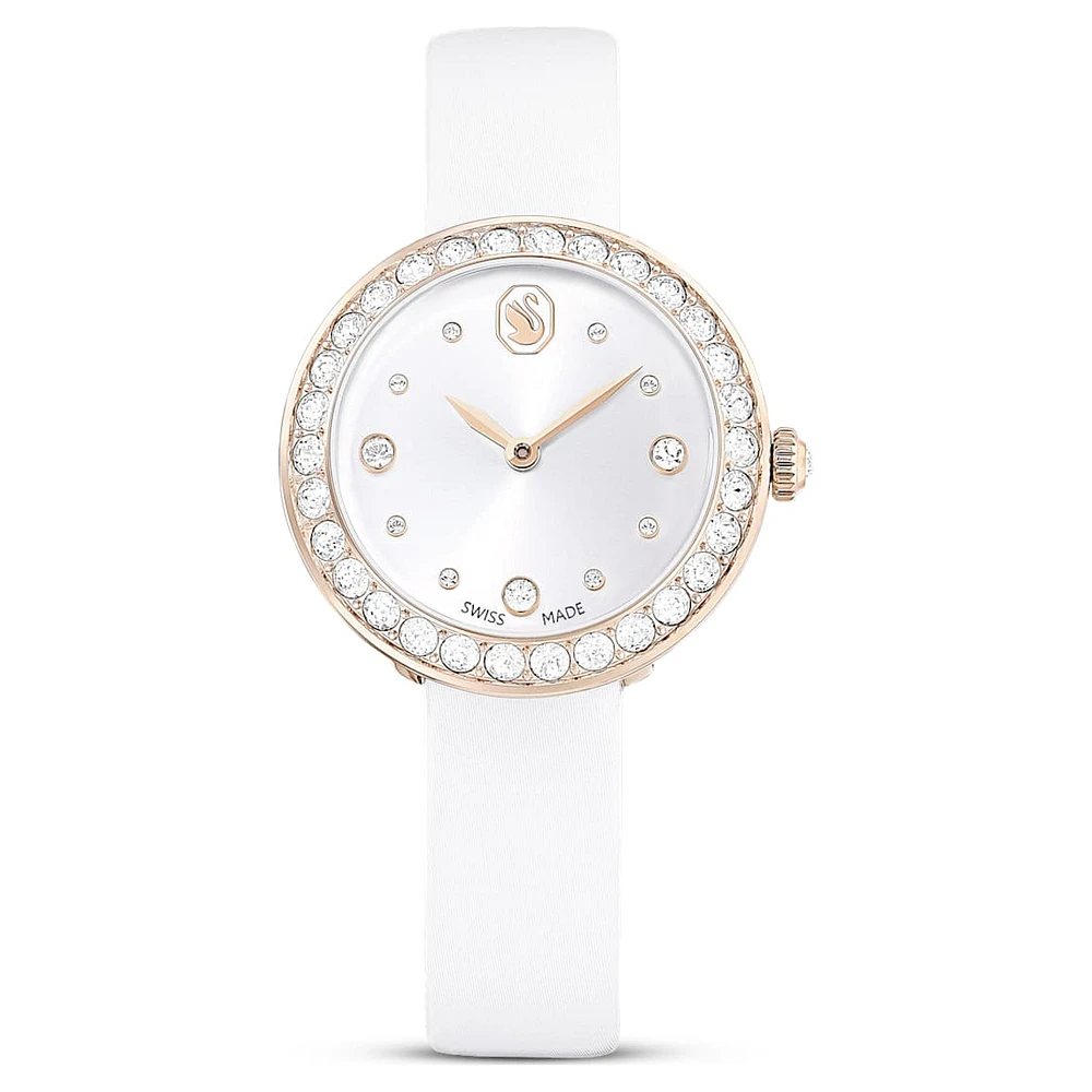 Matrix tennis watch, Swiss Made, Leather strap, White, Champagne gold-tone finish by SWAROVSKI