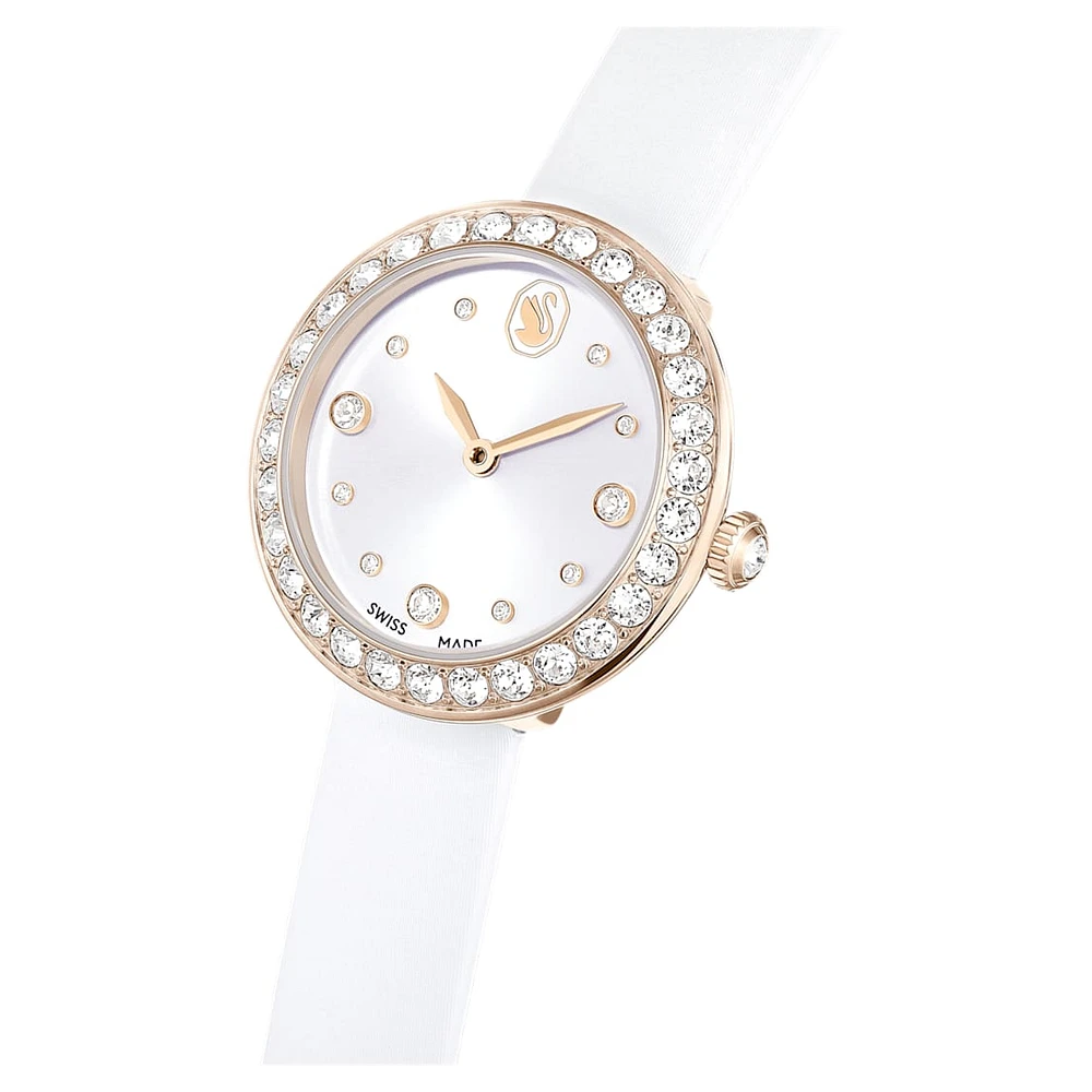Matrix tennis watch, Swiss Made, Leather strap, White, Champagne gold-tone finish by SWAROVSKI