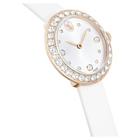 Matrix tennis watch, Swiss Made, Leather strap, White, Champagne gold-tone finish by SWAROVSKI