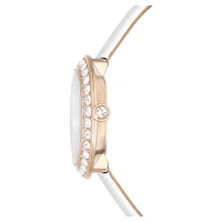Matrix tennis watch, Swiss Made, Leather strap, White, Champagne gold-tone finish by SWAROVSKI