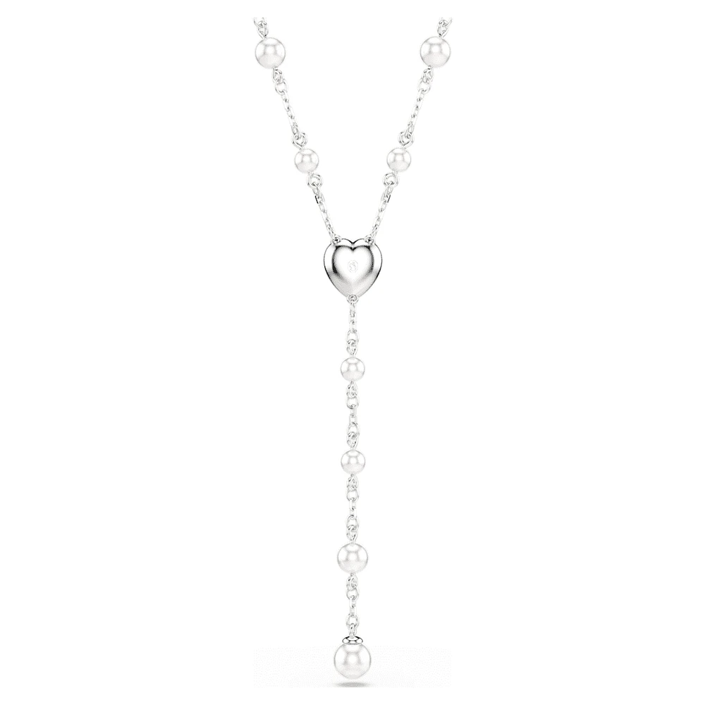 Ariana Grande x Swarovski Y necklace, Mixed cuts, Crystal pearl, Heart, White, Rhodium plated by SWAROVSKI