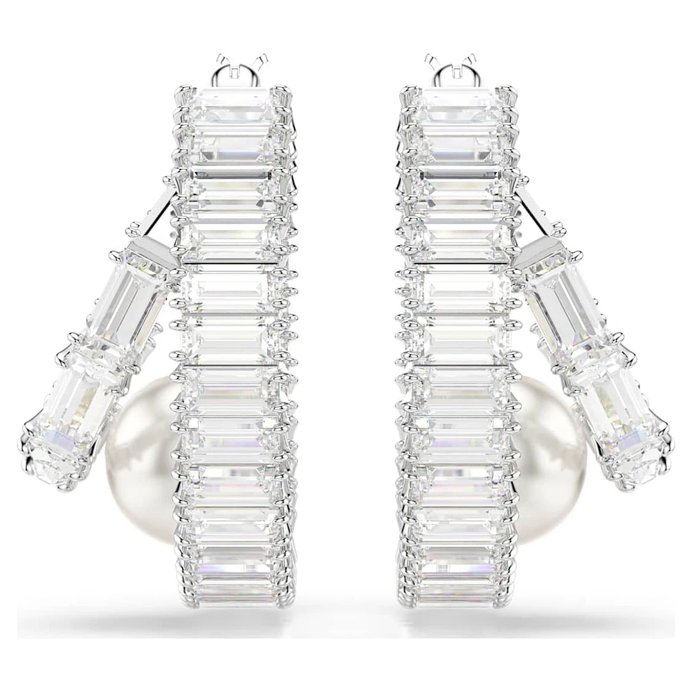 Ariana Grande x Swarovski hoop earrings, Crystal pearl, Baguette cut, White, Rhodium plated by SWAROVSKI