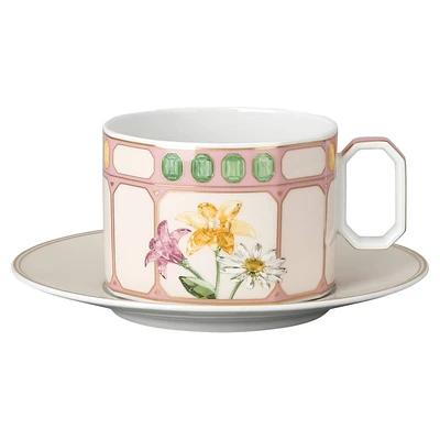 Idyllia combi cup with saucer, Porcelain, Crystal print motif, Bouquet, Multicolored by SWAROVSKI