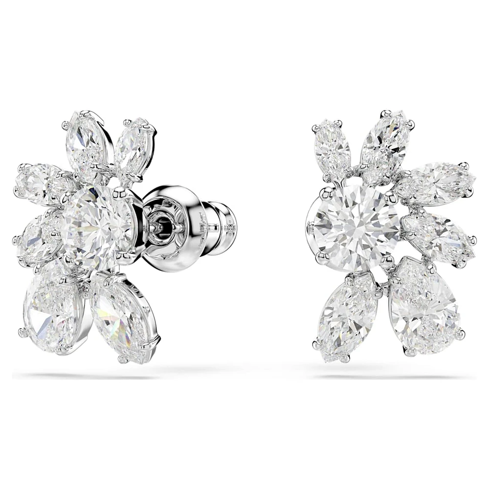 Mesmera stud earrings, Mixed cuts, Flower, White, Rhodium plated by SWAROVSKI