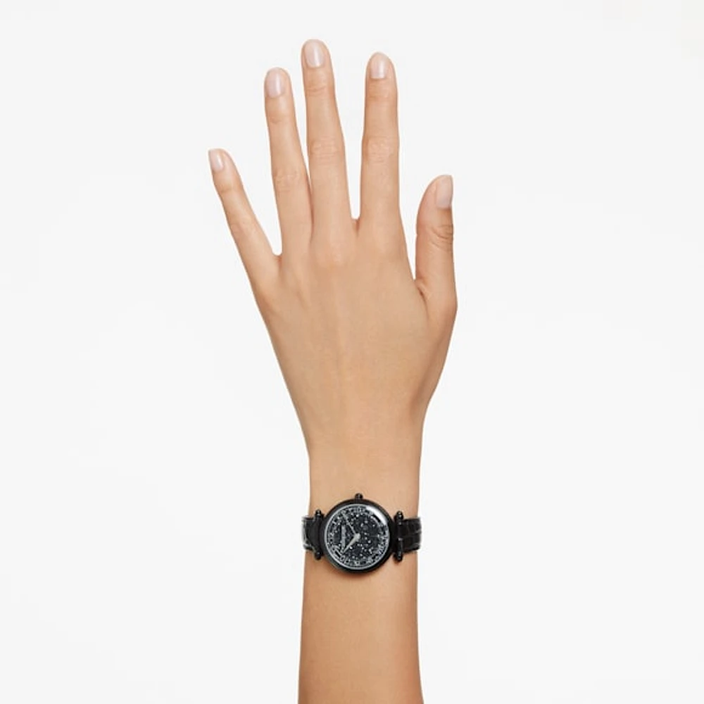Crystalline Wonder watch, Swiss Made, Leather strap, Black, Black finish by SWAROVSKI