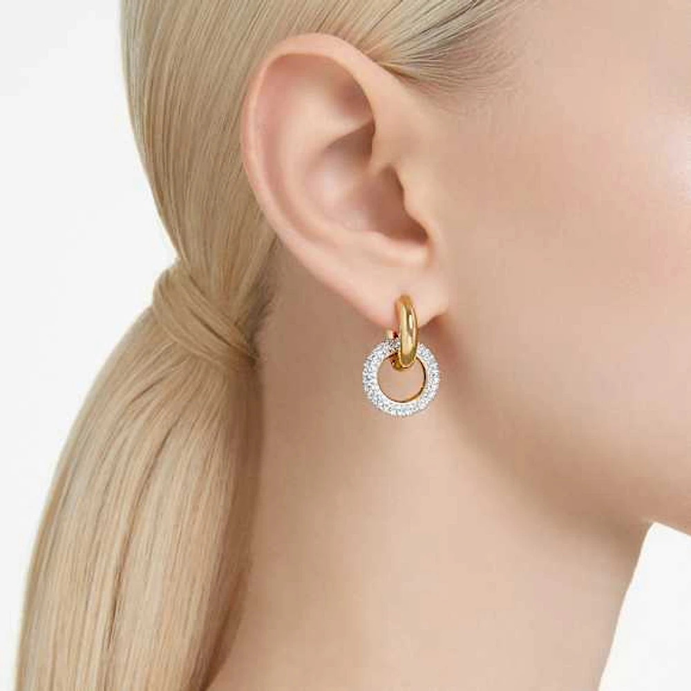 Dextera hoop earrings, Asymmetrical design, Interlocking loop, White, Gold-tone plated by SWAROVSKI