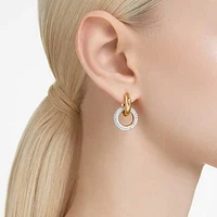Dextera hoop earrings, Asymmetrical design, Interlocking loop, White, Gold-tone plated by SWAROVSKI