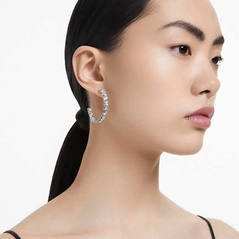 Mesmera hoop earrings, Mixed cuts, White, Rhodium plated by SWAROVSKI