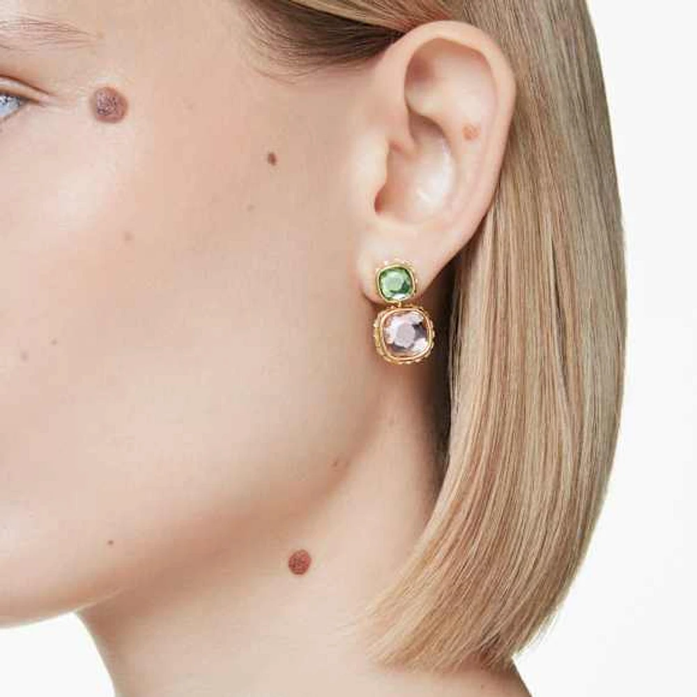 Chroma drop earrings, Cushion cut, Multicolored, Gold-tone plated by SWAROVSKI