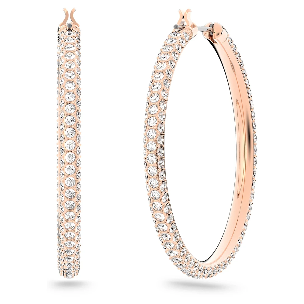 Stone hoop earrings, Pavé, Large, White, Rose gold-tone plated by SWAROVSKI