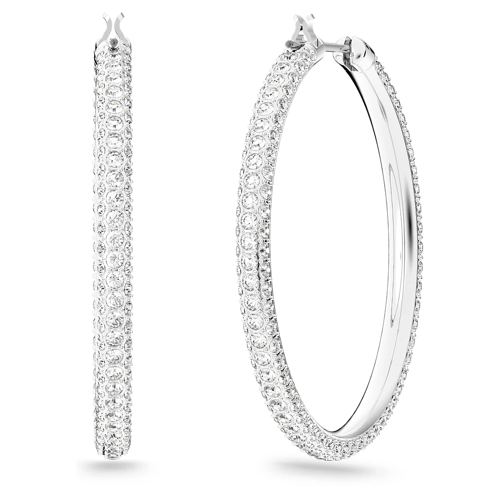 Stone hoop earrings, Pavé, Large, White