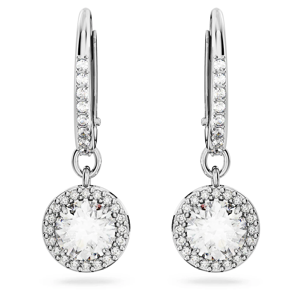 Constella drop earrings, Round cut, Pavé, White, Rhodium plated by SWAROVSKI