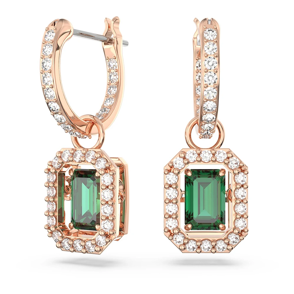 Una drop earrings, Octagon cut, Green, Rose gold-tone plated by SWAROVSKI