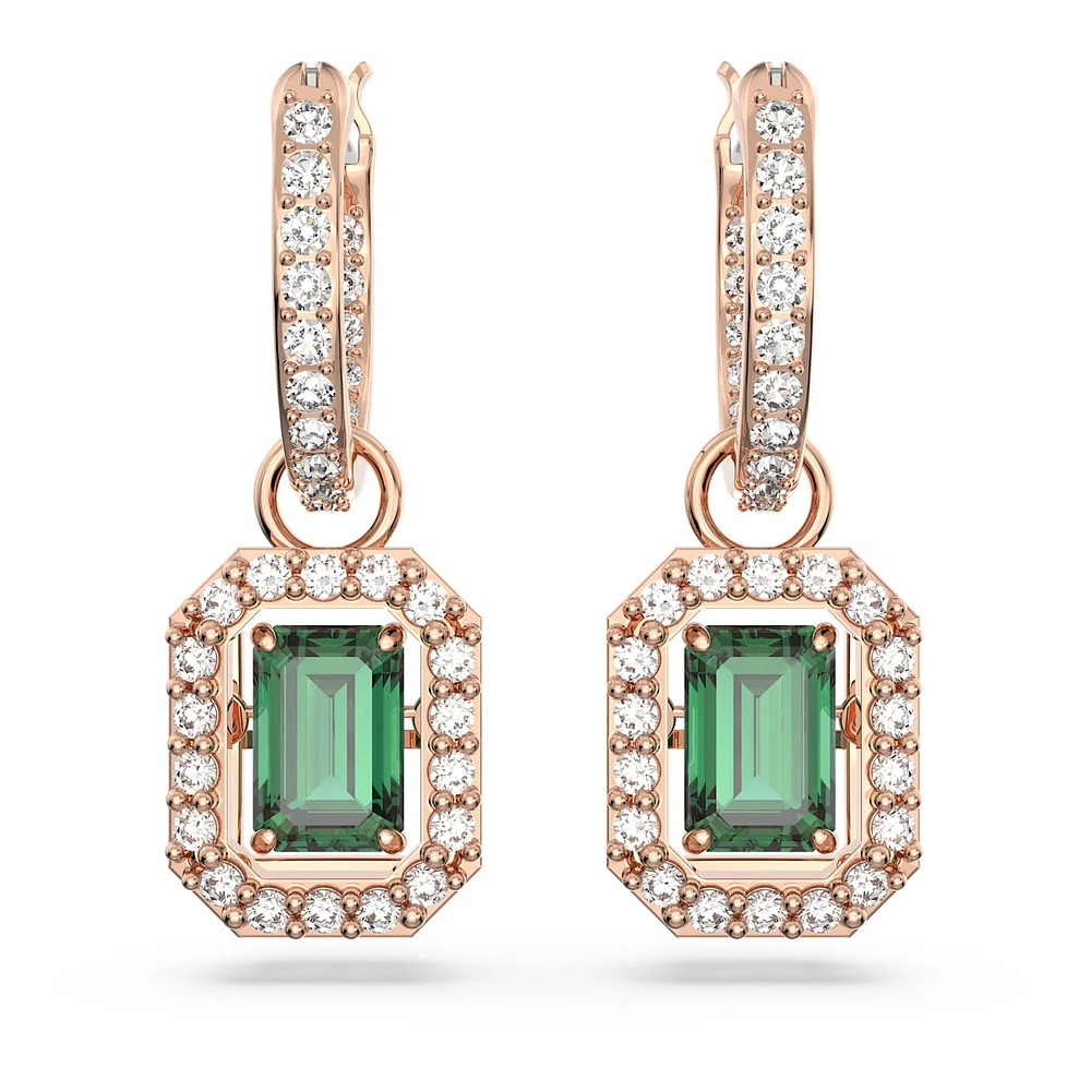 Una drop earrings, Octagon cut, Green, Rose gold-tone plated by SWAROVSKI