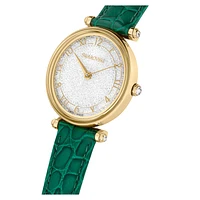 Crystalline wonder watch, Swiss Made, Leather strap, Green, Gold-tone finish by SWAROVSKI