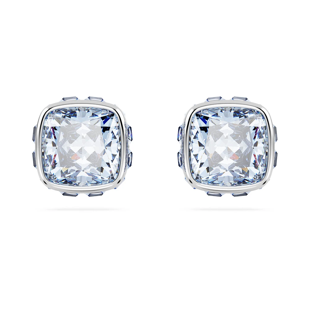 Birthstone stud earrings, Square cut, March, Blue, Rhodium plated by SWAROVSKI