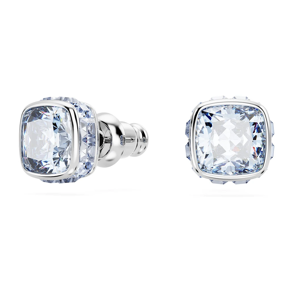 Birthstone stud earrings, Square cut, March, Blue, Rhodium plated by SWAROVSKI
