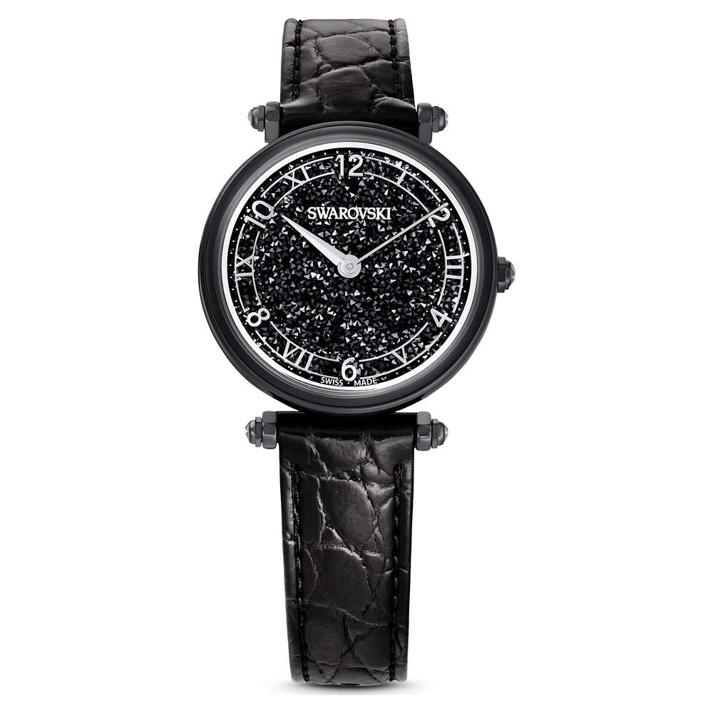 Crystalline Wonder watch, Swiss Made, Leather strap, Black, Black finish by SWAROVSKI