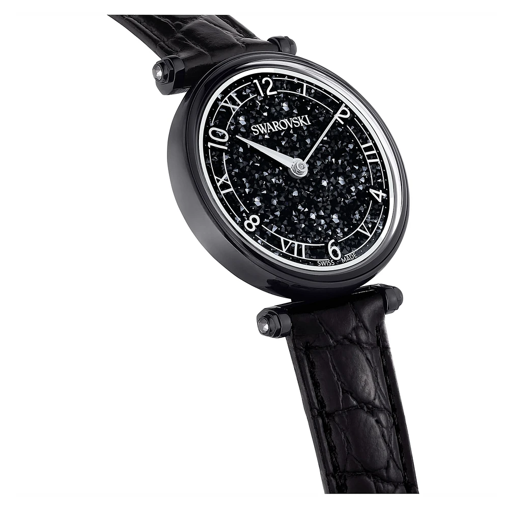 Crystalline Wonder watch, Swiss Made, Leather strap, Black, Black finish by SWAROVSKI
