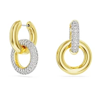 Dextera hoop earrings, Asymmetrical design, Interlocking loop, White, Gold-tone plated by SWAROVSKI