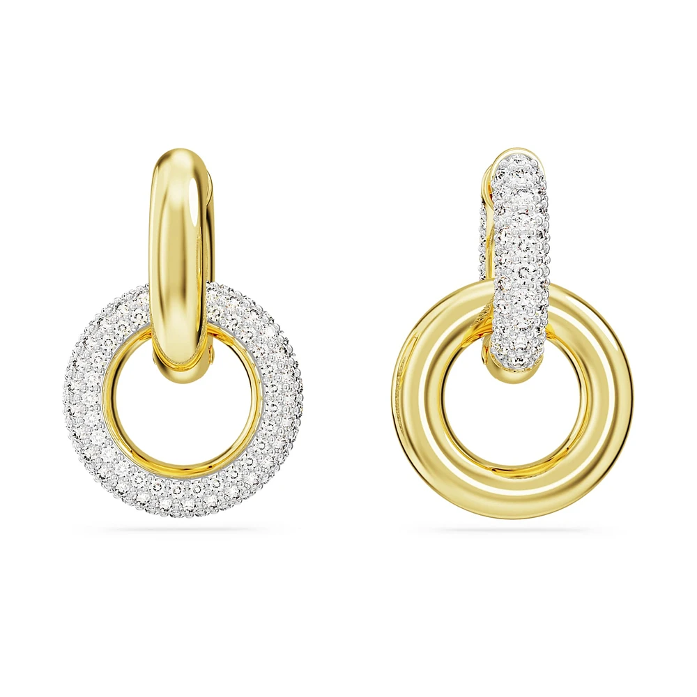 Dextera hoop earrings, Asymmetrical design, Interlocking loop, White, Gold-tone plated by SWAROVSKI