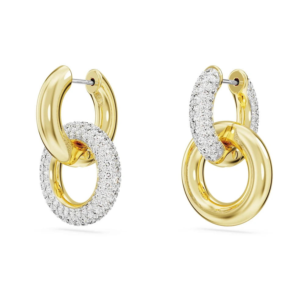 Dextera hoop earrings, Asymmetrical design, Interlocking loop, White, Gold-tone plated by SWAROVSKI