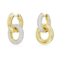 Dextera hoop earrings, Asymmetrical design, Interlocking loop, White, Gold-tone plated by SWAROVSKI