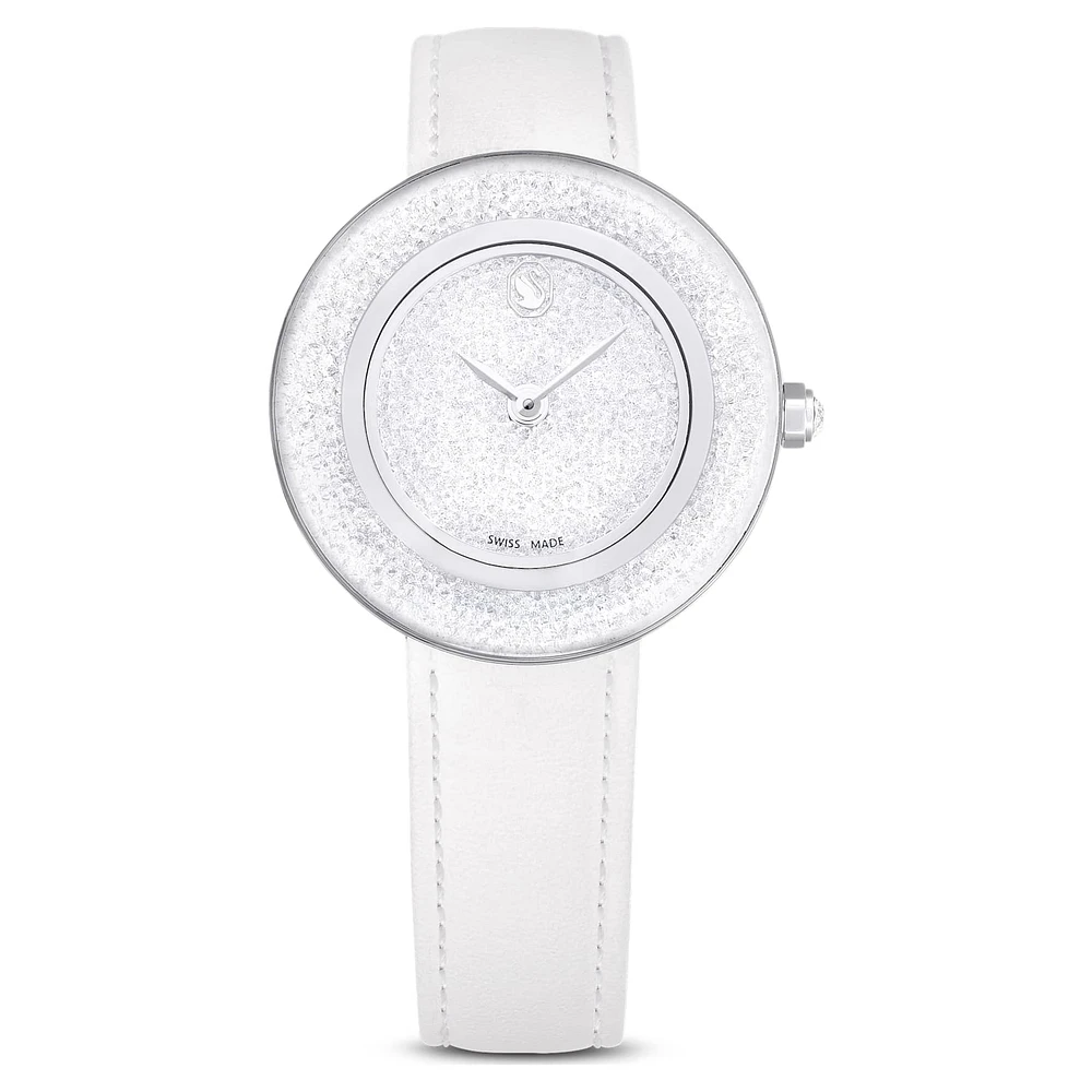 Crystalline lustre watch, Swiss Made, Leather strap, White, Stainless steel by SWAROVSKI