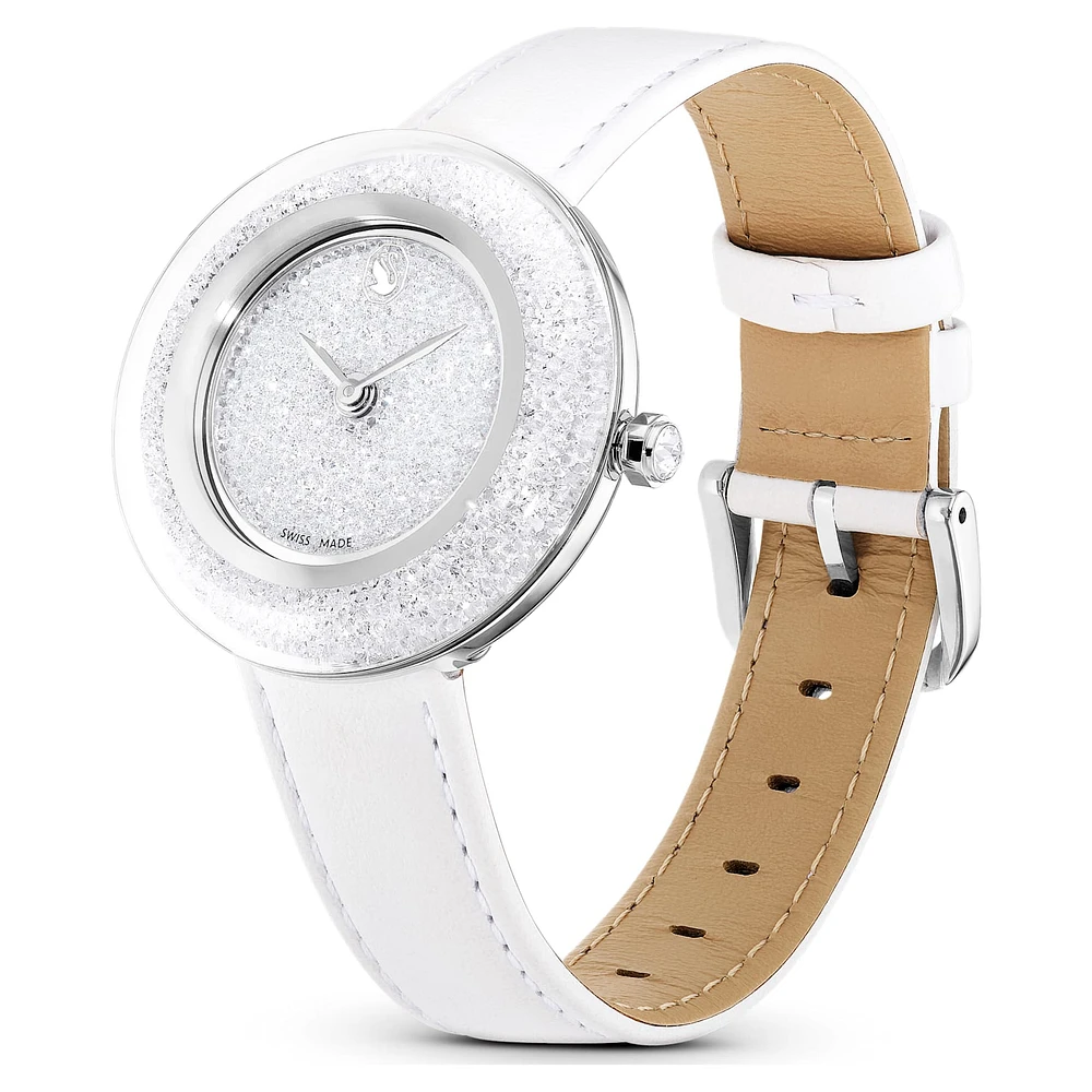 Crystalline lustre watch, Swiss Made, Leather strap, White, Stainless steel by SWAROVSKI
