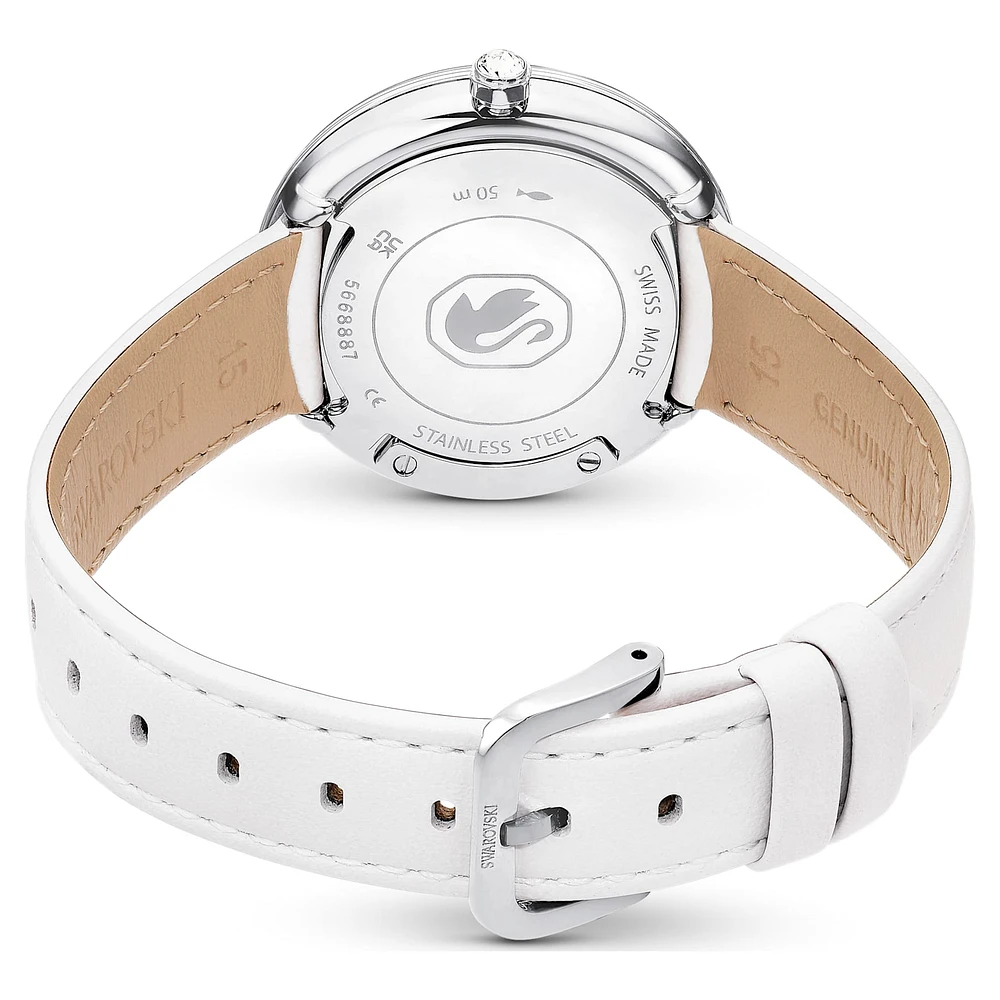 Crystalline lustre watch, Swiss Made, Leather strap, White, Stainless steel by SWAROVSKI