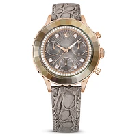 Octea chrono watch, Swiss Made, Leather strap, Grey, Rose gold-tone finish by SWAROVSKI