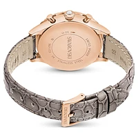 Octea chrono watch, Swiss Made, Leather strap, Grey, Rose gold-tone finish by SWAROVSKI
