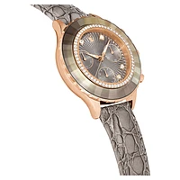 Octea chrono watch, Swiss Made, Leather strap, Grey, Rose gold-tone finish by SWAROVSKI