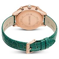 Octea chrono watch, Swiss Made, Leather strap, Green, Rose gold-tone finish by SWAROVSKI