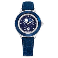 Octea moon watch, Swiss Made, Moon, Leather strap, Blue, Stainless steel by SWAROVSKI