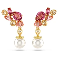 Gema drop earrings, Mixed cuts, Crystal pearls, Flower, Pink, Gold-tone plated by SWAROVSKI