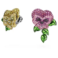 Alice in Wonderland stud earrings, Asymmetrical design, Flower, Multicolored, Rhodium plated by SWAROVSKI