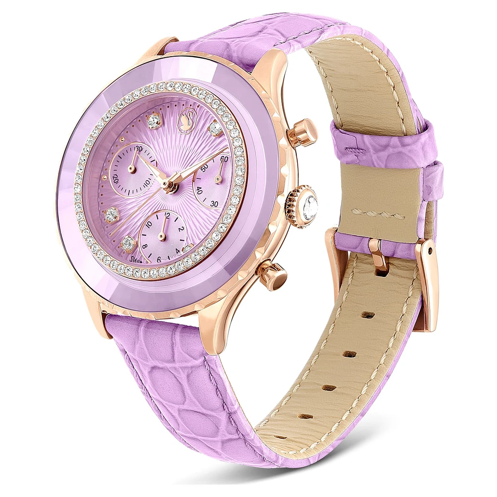 Octea chrono watch, Swiss Made, Leather strap, Purple, Rose gold-tone finish by SWAROVSKI