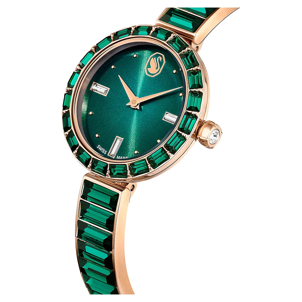 Matrix bangle watch, Swiss Made, Crystal bracelet, Green, Champagne gold-tone finish by SWAROVSKI