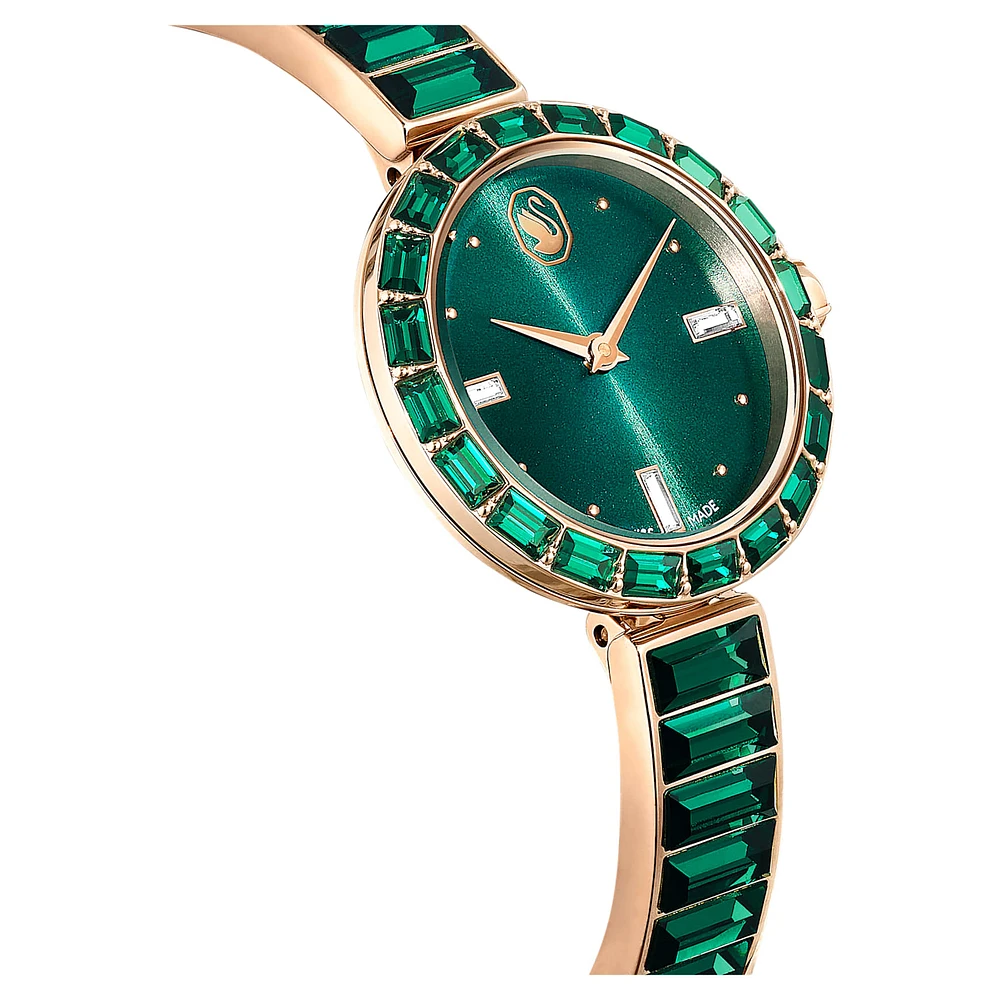 Matrix bangle watch, Swiss Made, Crystal bracelet, Green, Champagne gold-tone finish by SWAROVSKI