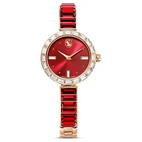 Matrix bangle watch, Swiss Made, Crystal bracelet, Red, Rose gold-tone finish by SWAROVSKI