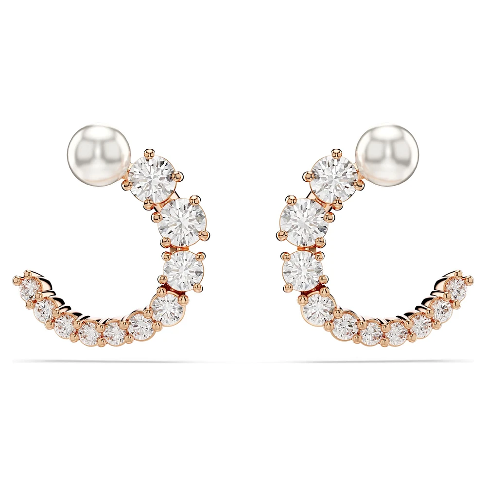 Matrix hoop earrings, Crystal pearl, Round cut, White, Rose gold-tone plated by SWAROVSKI