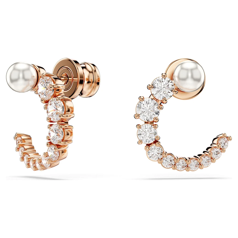 Matrix hoop earrings, Crystal pearl, Round cut, White, Rose gold-tone plated by SWAROVSKI