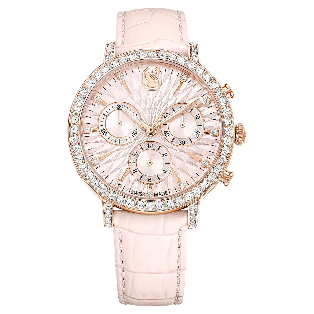 Matrix tennis chrono watch, Swiss Made, Leather strap, Pink, Rose gold-tone finish by SWAROVSKI